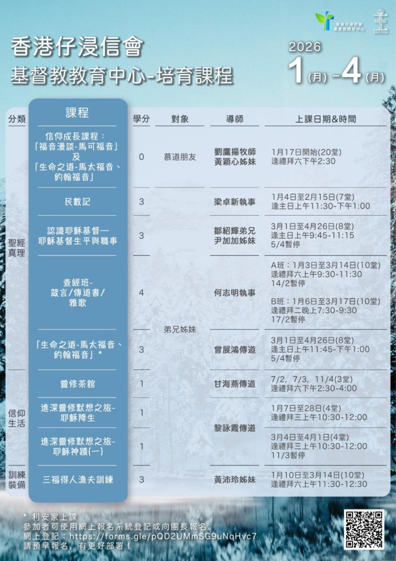 基督教教育中心2026年1-4月培育課程